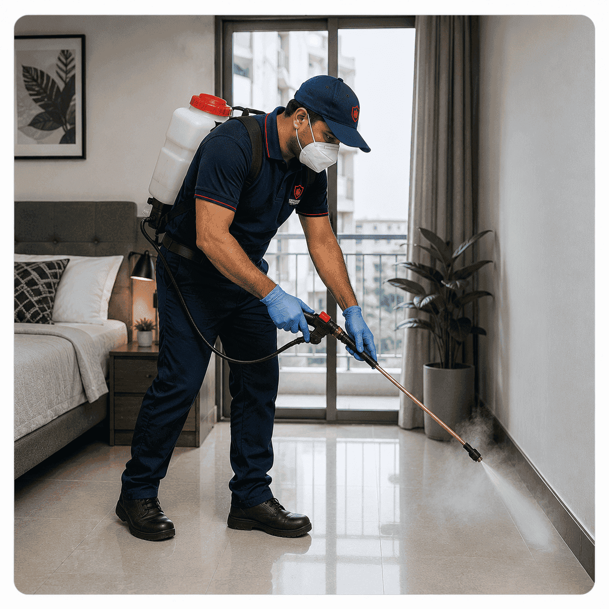 Bed bug treatment technician preparing a room for professional service