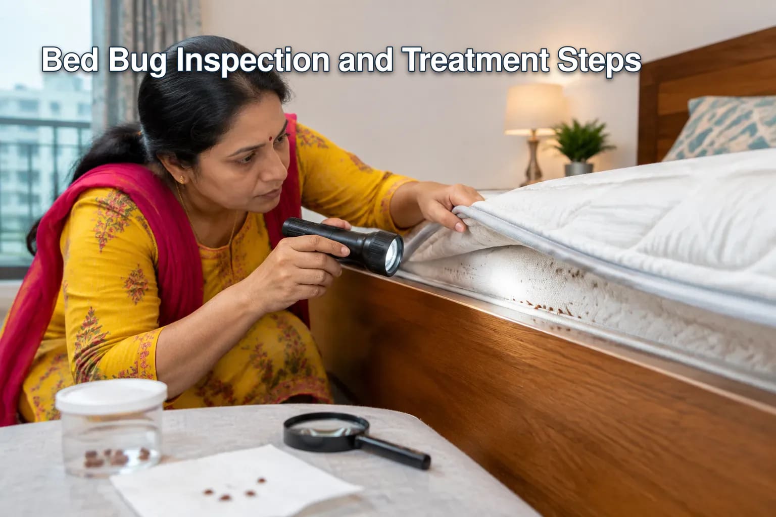 Illustration showing DIY bed bug treatment methods such as essential oils and vacuuming.