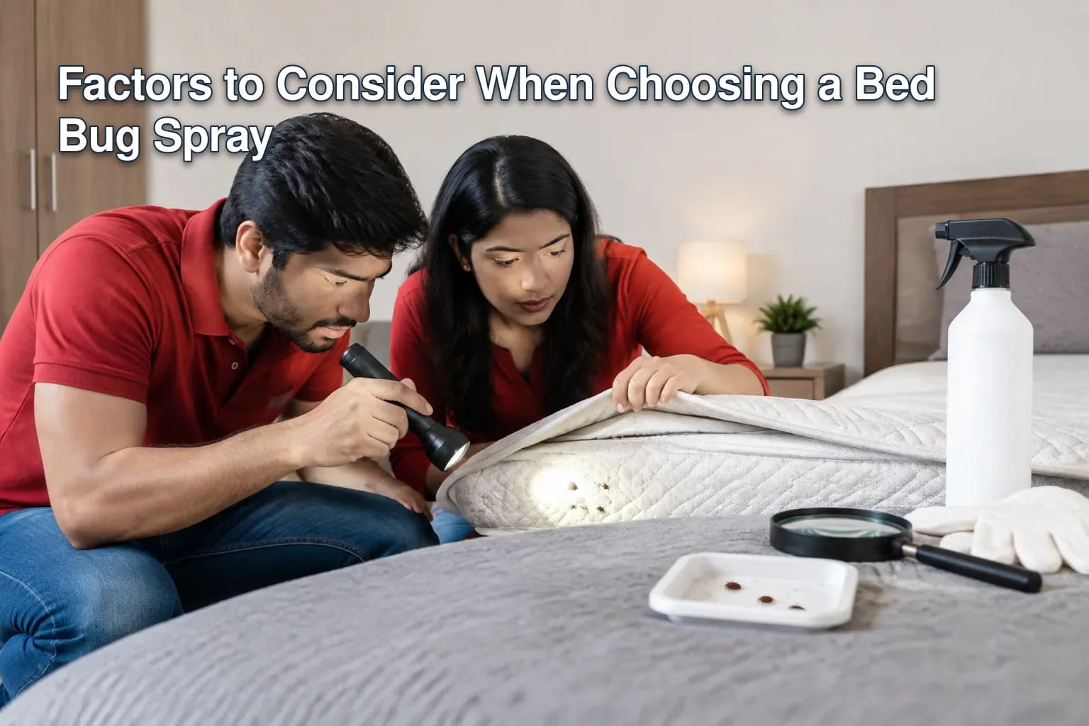 Applying bed bug spray in a home setting.