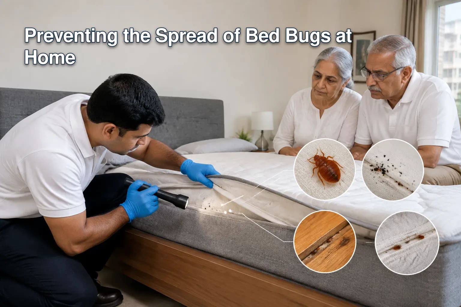 Diagram showing bed bug inspection points on furniture and bedding