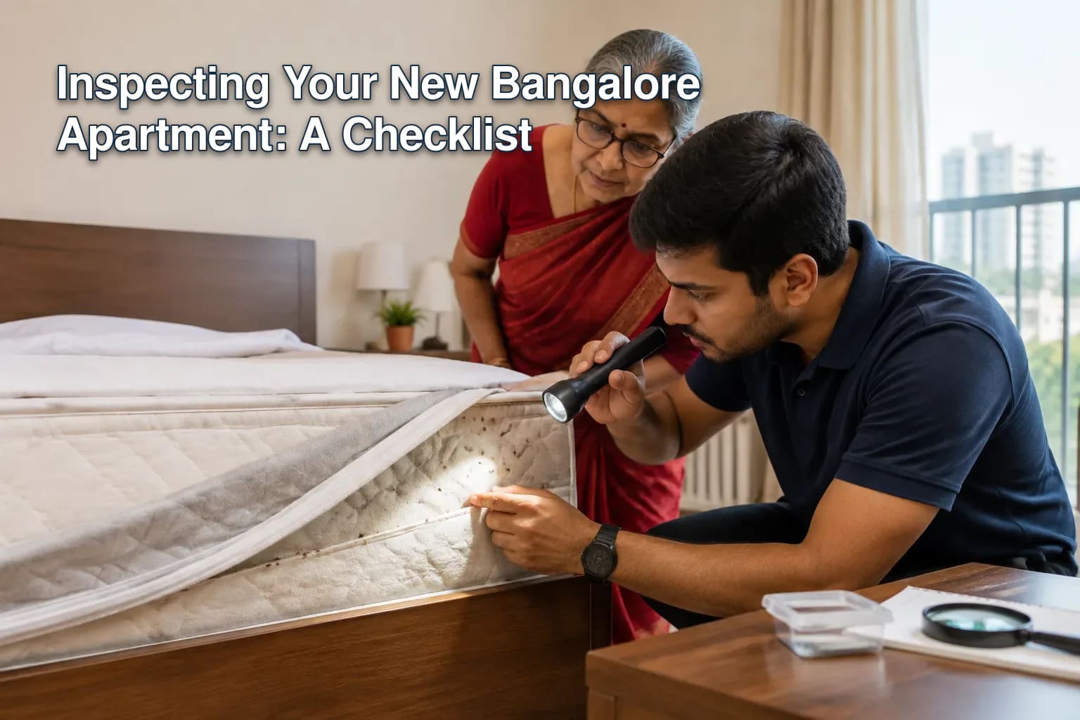 Inspecting bed with flashlight and magnifying glass in Bangalore.
