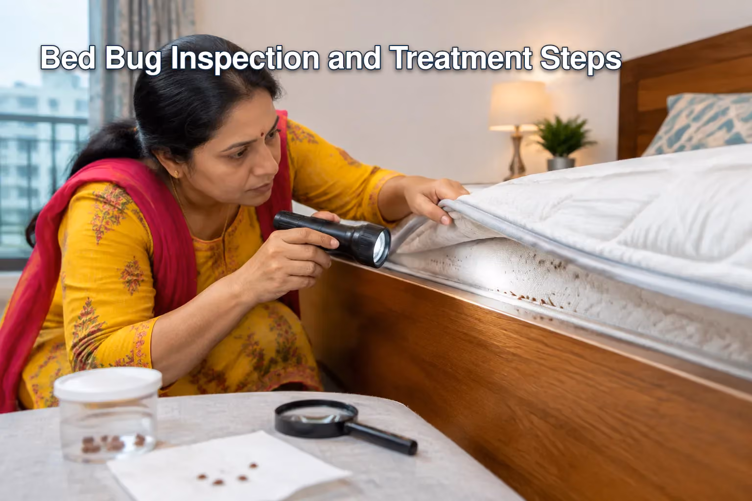 Illustration showing DIY bed bug treatment methods such as essential oils and vacuuming.