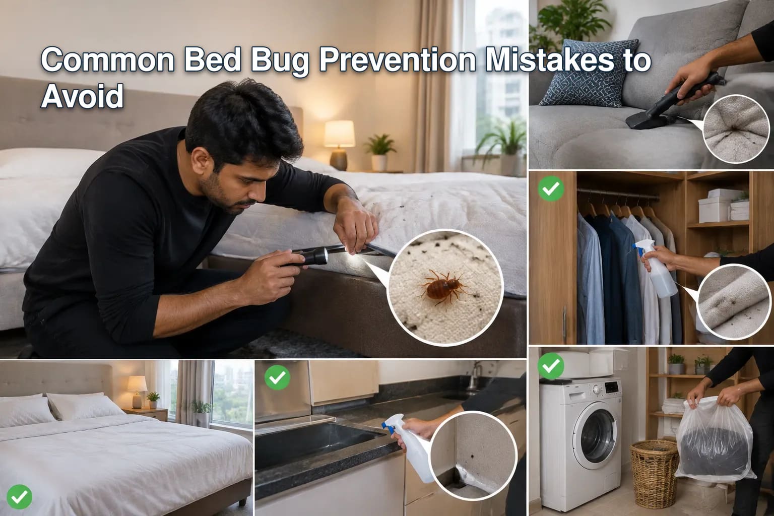 Infographic of bed bug prevention tips for each room.