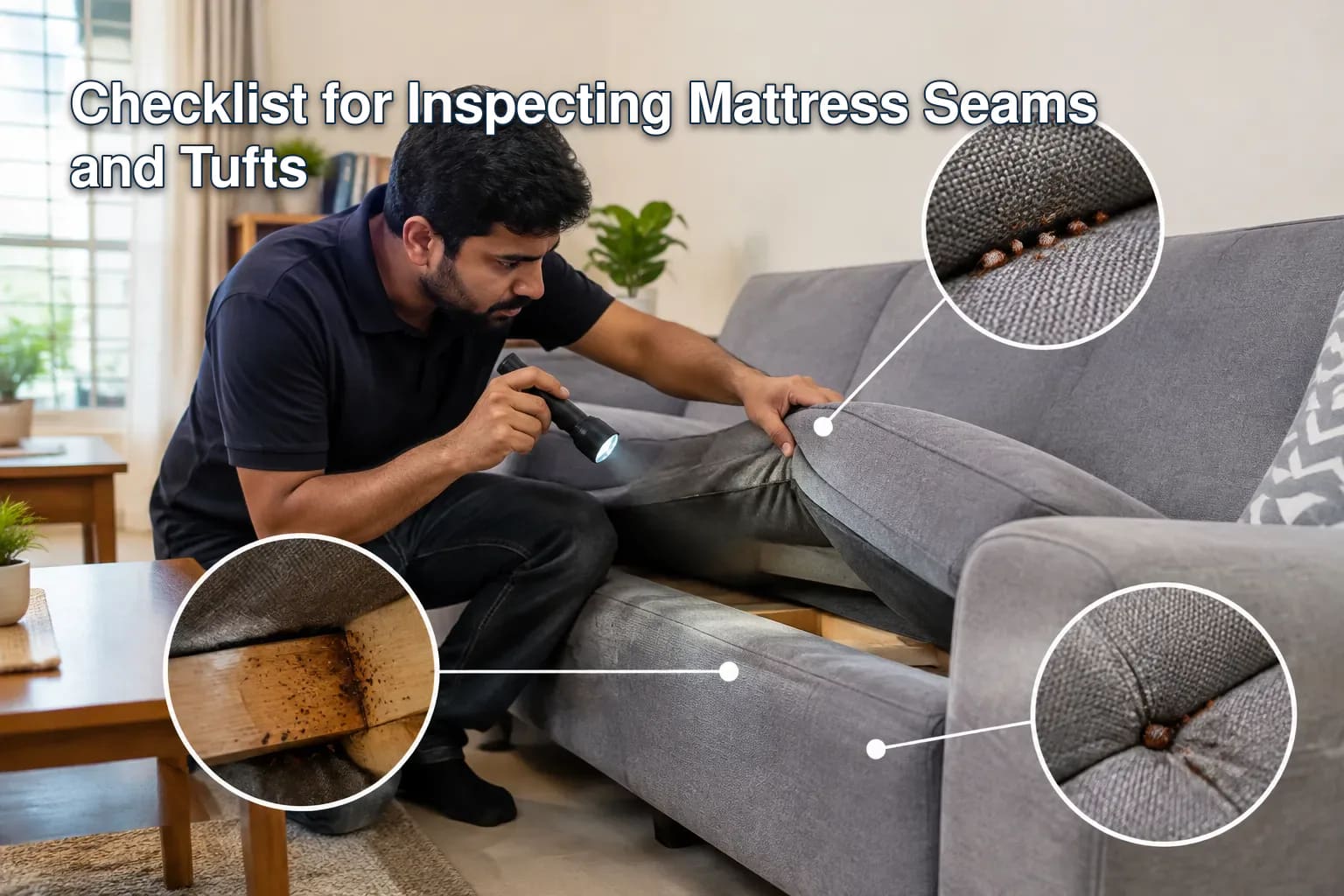 Diagram of bed bug hiding spots in a sofa.