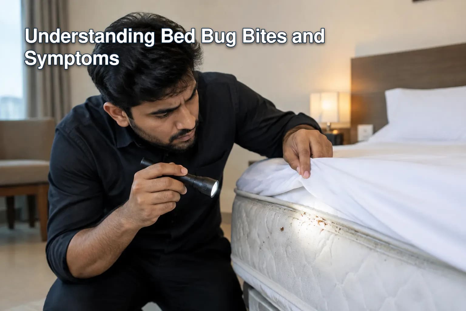 Diagram showing where to look for bed bugs in a hotel room.