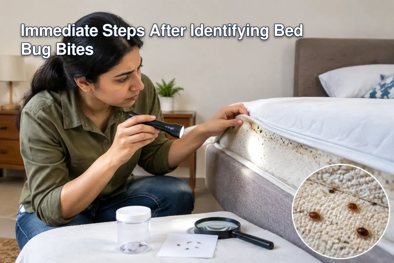Signs of bed bug infestation on a mattress.