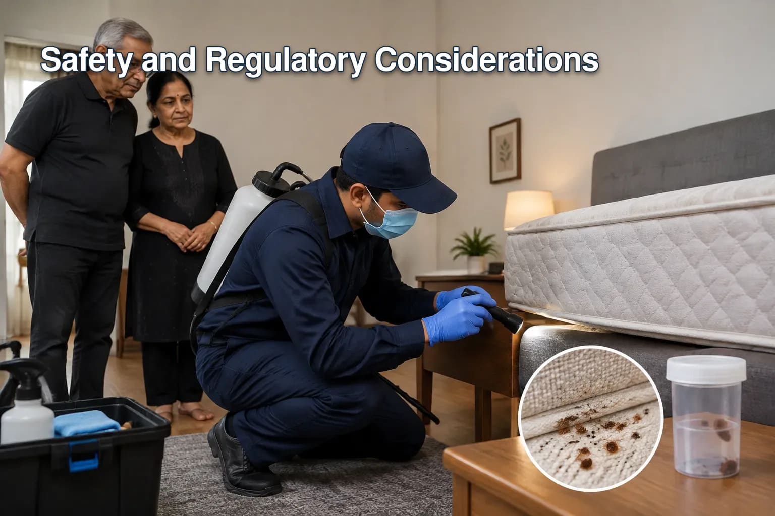 Inspecting a bed frame for bed bugs with a flashlight.
