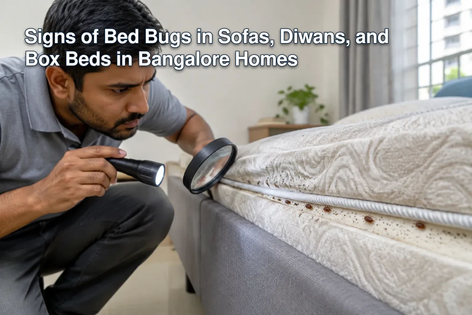Close-up of bed bugs on a mattress seam.