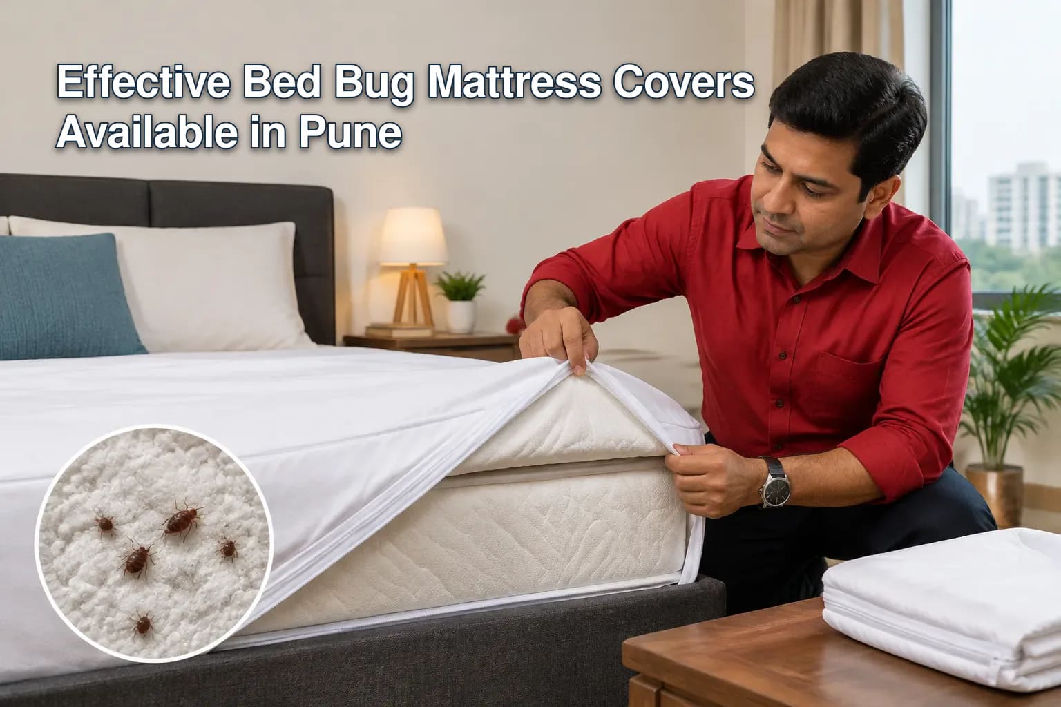 Close-up of a bed bug on a mattress.