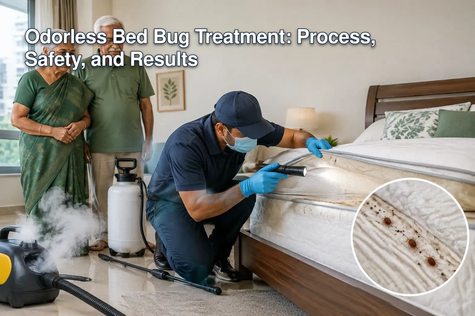 Steam cleaner treating a mattress for bed bugs.