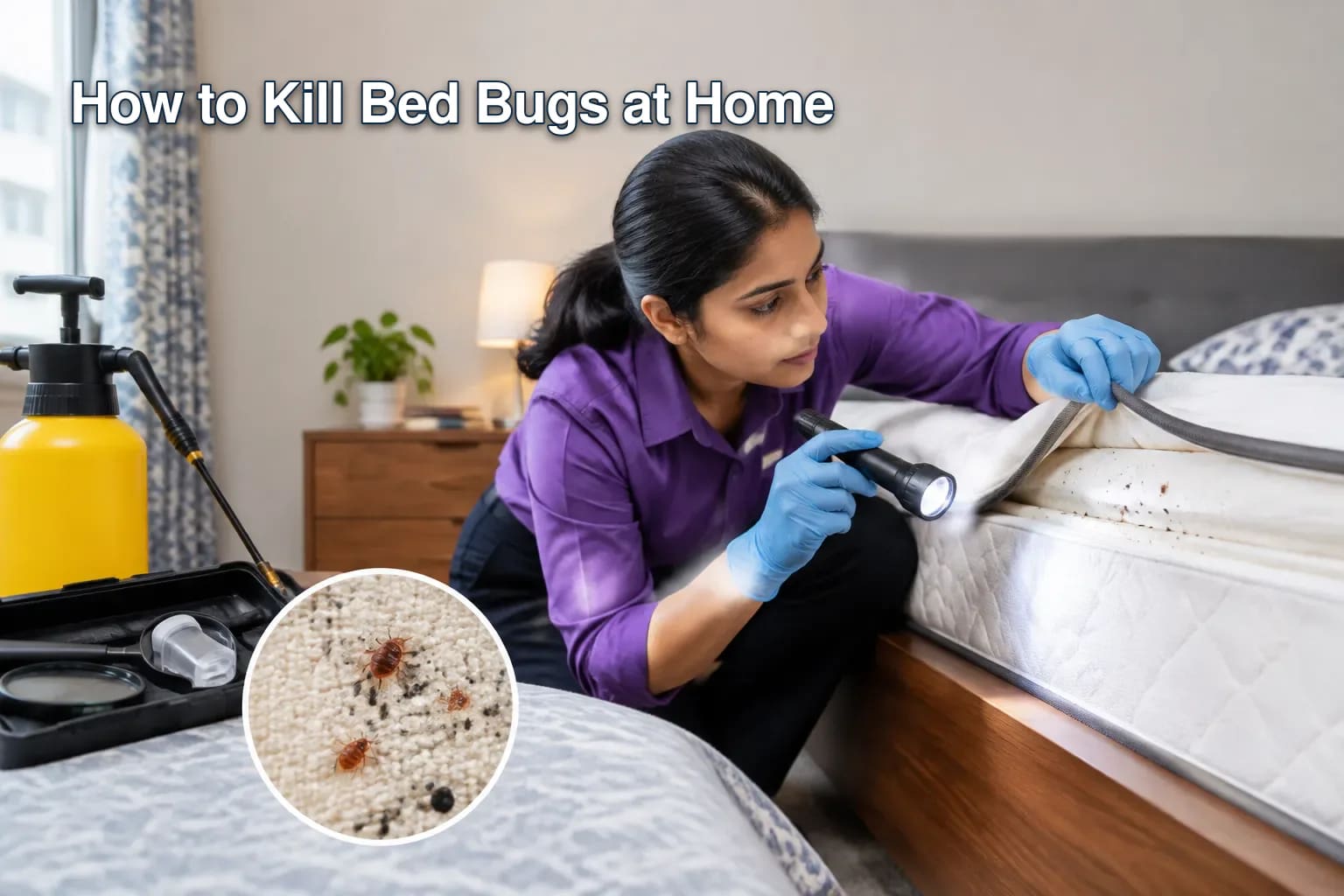Close-up of bed bugs in a mattress seam.