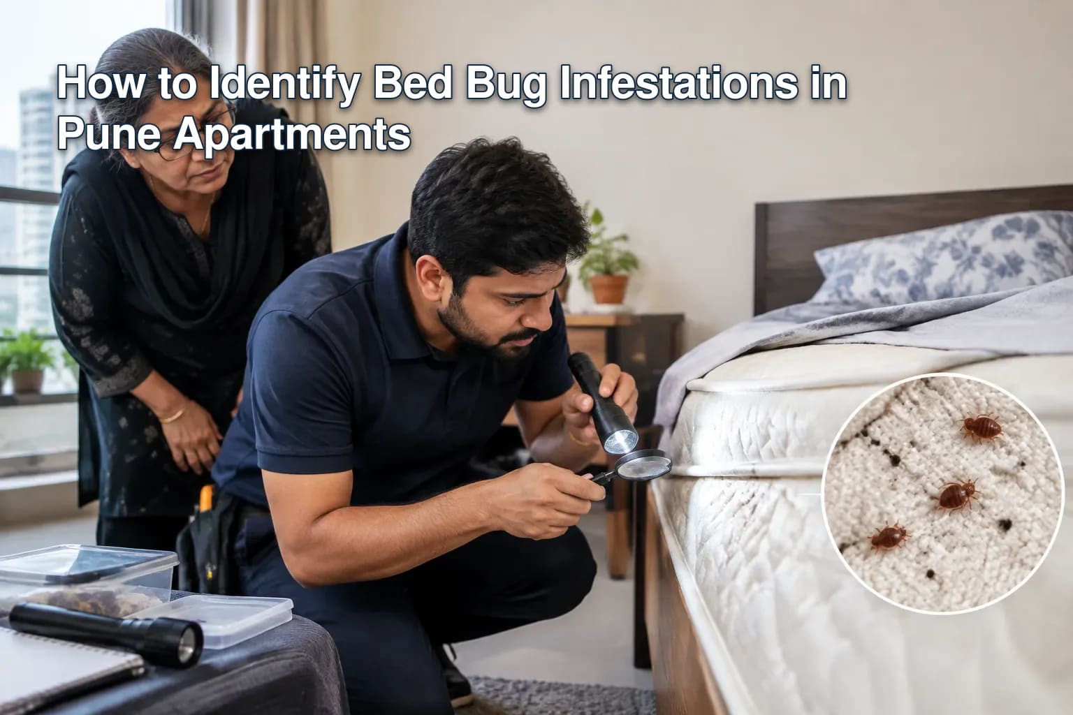 Signs of bed bug infestations including bites, stains, and shells.