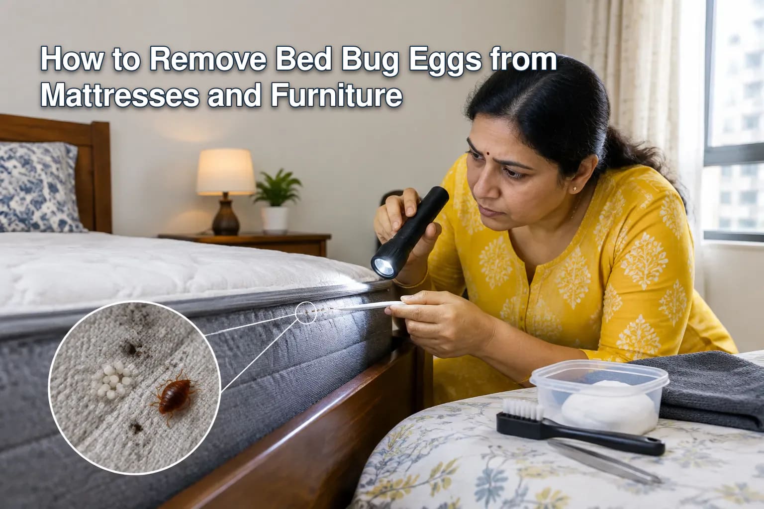 Bed bug and eggs on fabric.