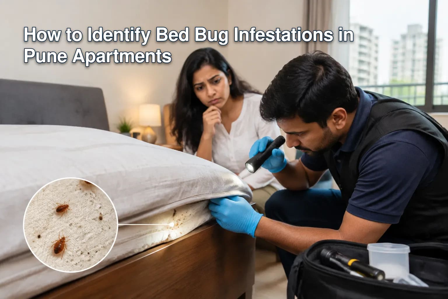 Close-up of bed bugs hiding in a mattress seam.