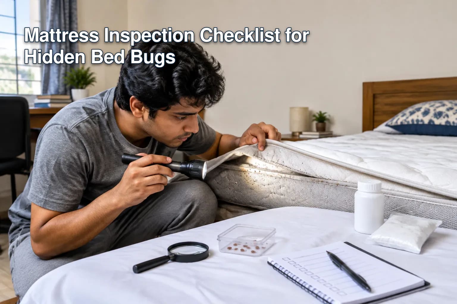Diagram showing inspection points on a mattress for bed bugs.