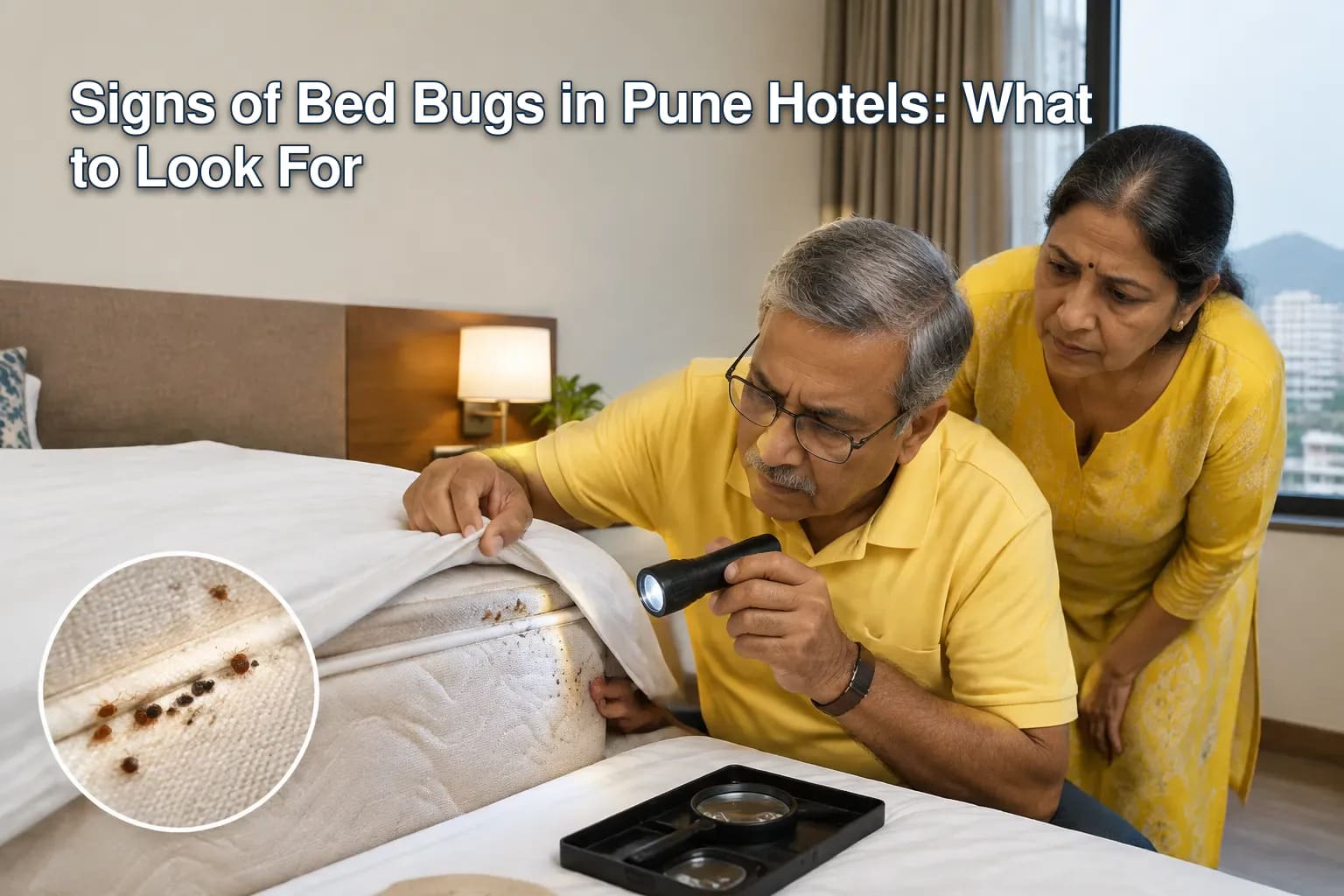 Bed bug on a mattress in a hotel room.