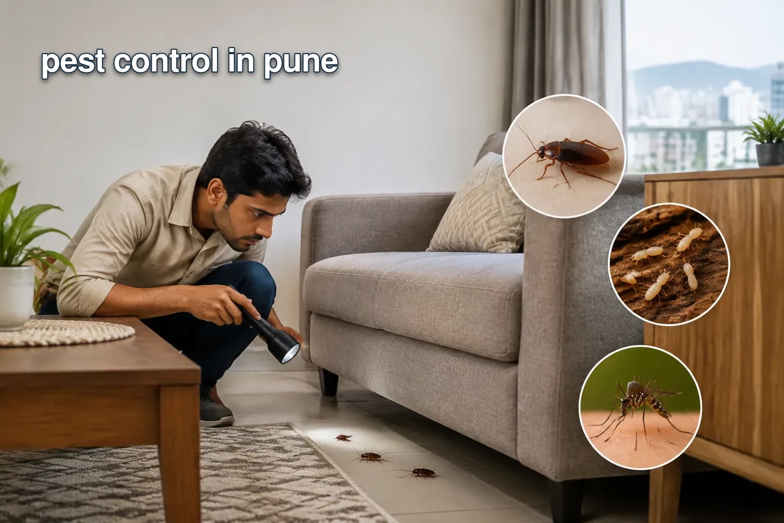 Common pests in Pune homes like cockroaches, termites, and mosquitoes.