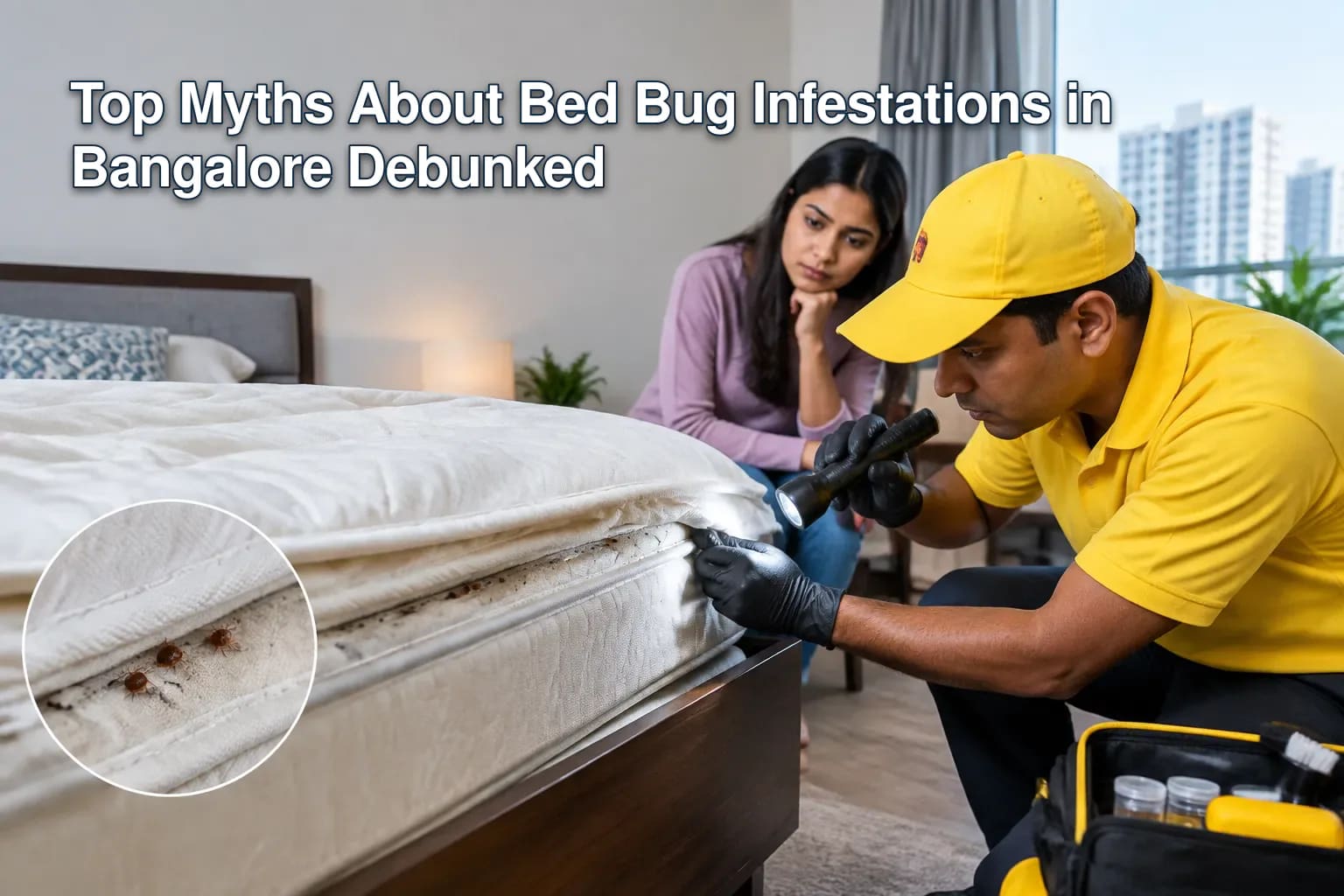 A bedroom showing common bed bug hiding spots.
