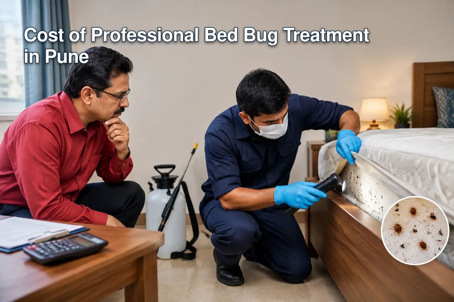 Pest control technician treating a bed for bed bugs in Pune.