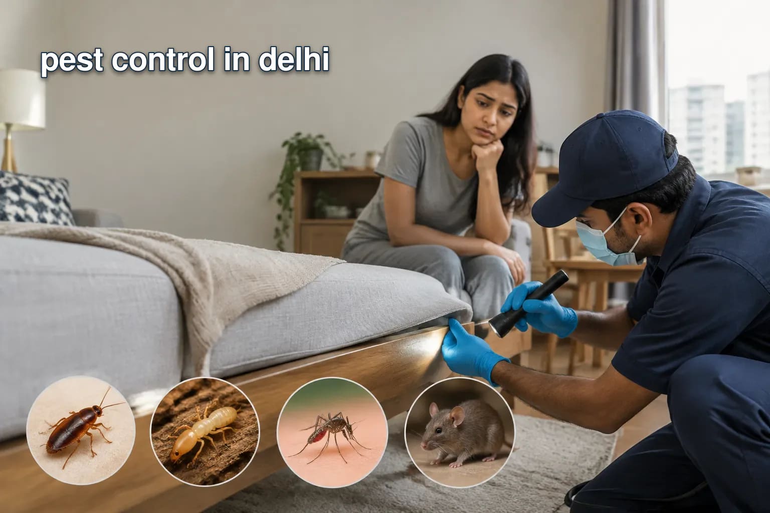 Common pests in Delhi homes including cockroaches, termites, mosquitoes, and rodents.