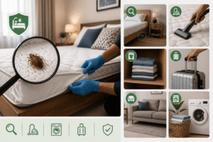 Bed Bugs in Mumbai Apartments: Why They Spread So Fast and How to Stop Them 1 Professional inspecting a mattress with bed bug prevention tips, including luggage inspection, mattress checks, vacuuming, and keeping bedrooms clutter-free.