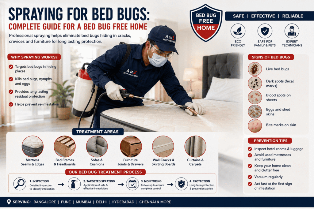 Pest control technician performing professional spraying for bed bugs on a wooden bed frame and bedroom furniture to eliminate hidden bed bug infestations safely and effectively.
