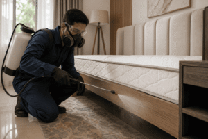 Professional pest control technician inspecting a mattress and wooden bed frame for bed bugs during a detailed home inspection in Bangalore, Pune, and Mumbai.